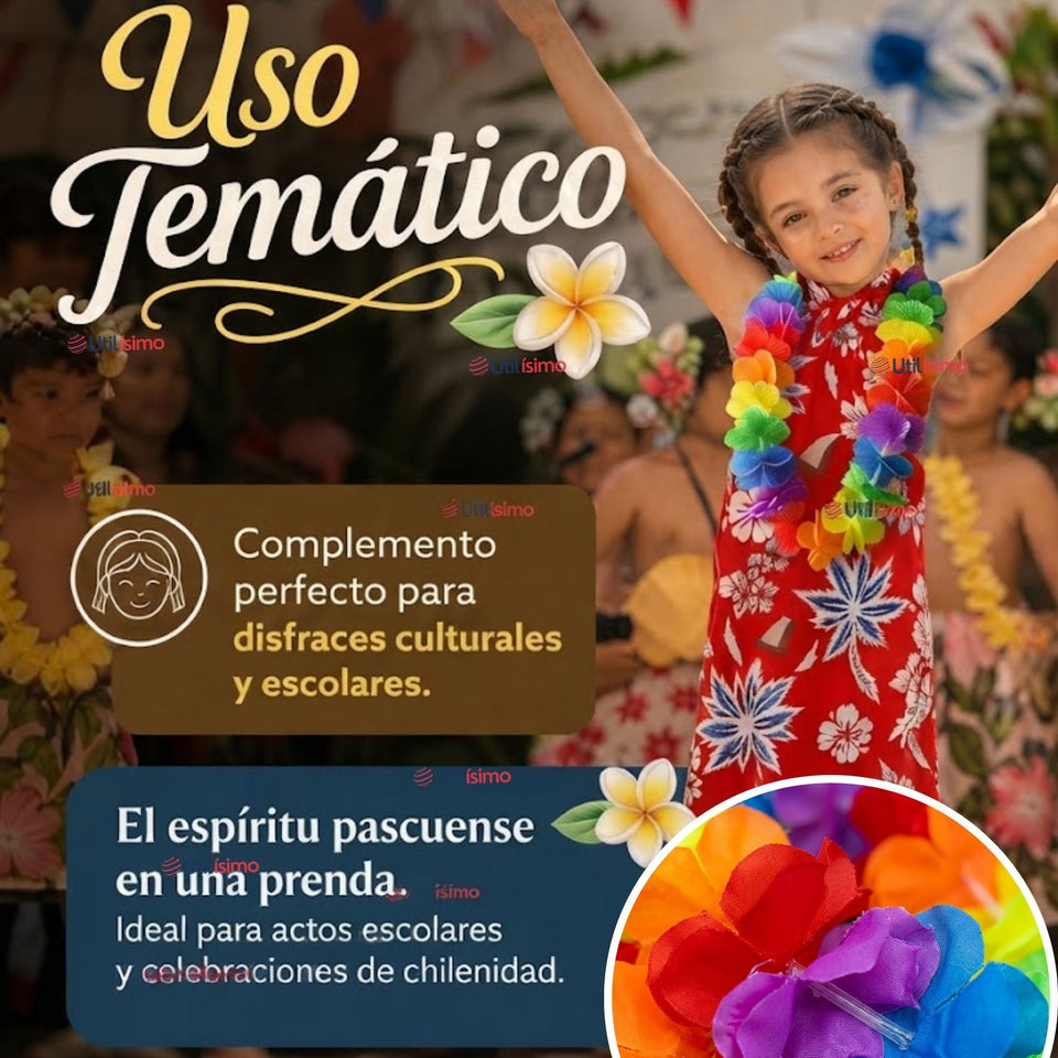 Traje Pareo Pascuense Hawaiano Rojo con Collar Niña Fiestas Patrias