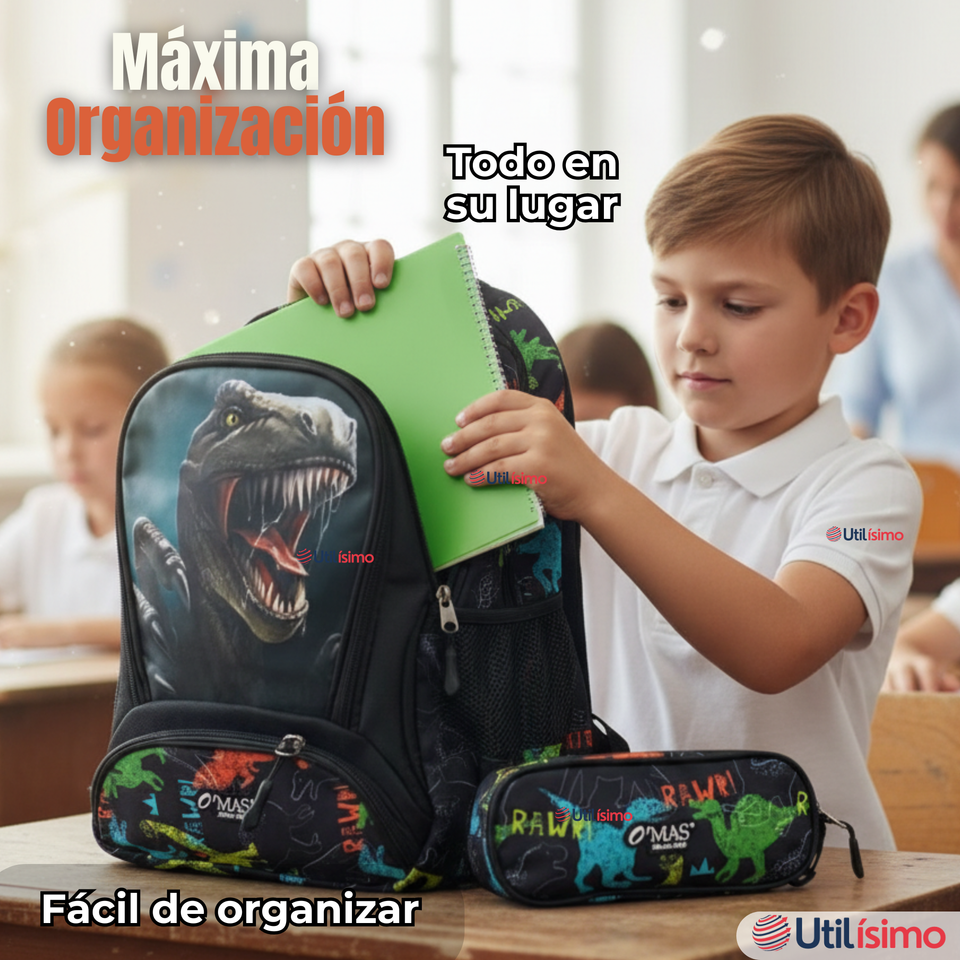 Mochila Escolar Kit Con Estuche y Lonchera 43cm Tela Oxford Dino Niño