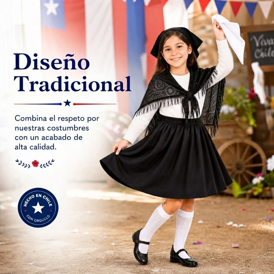Traje Chilote Niña Negro Fiestas Patrias Con Polera 4 Piezas Tradicional Chilota