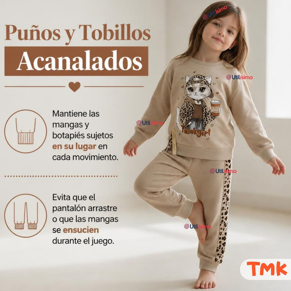 Conjunto 2 Piezas Polerón y Buzo 100% Algodón Tedmimak Niña Cat animal Print