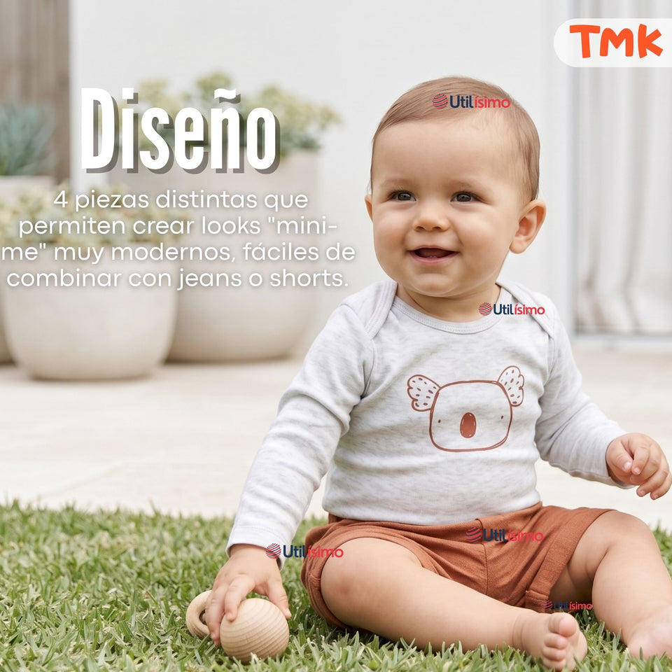 Pack 4 Bodys Manga Larga 100% Algodón Tedmimak Sweet Nature Bebé Niño