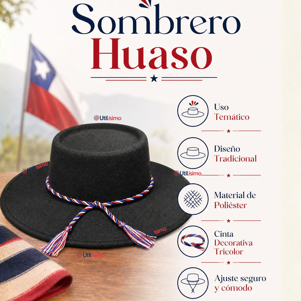 Sombrero Huaso Negro Tradicional Bandera Chile Fiestas Patrias