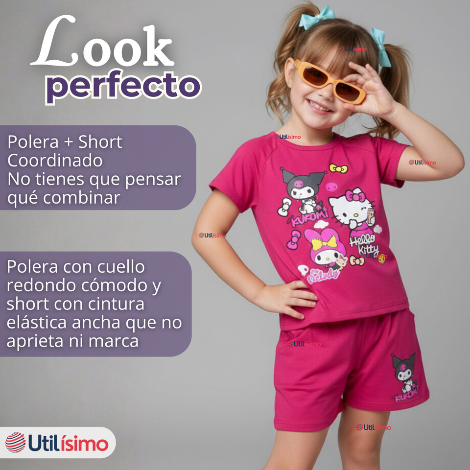 Conjunto Sanrio 100% Algodón Polera Pantalón Corto Niña Kuromi Hello Kitty My Melody
