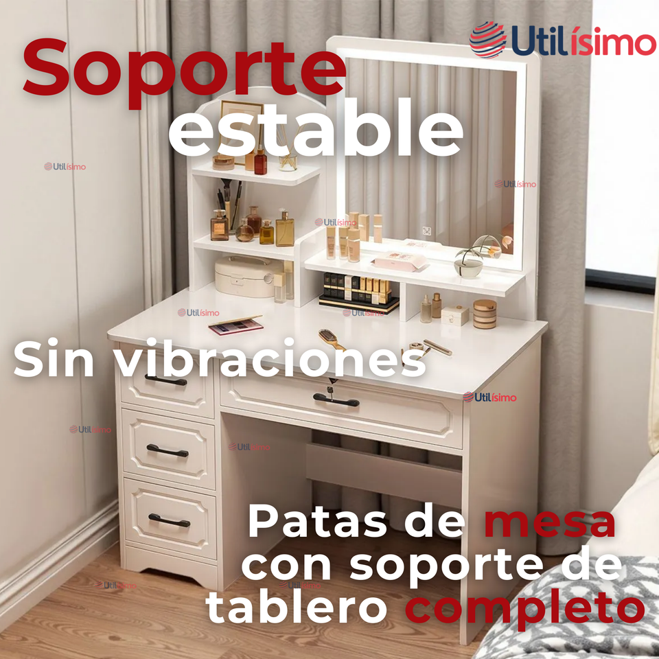 Tocador De Lujo Espejo Con Luz Integrada 4 Cajones MDF Blanco 137x80x48cm