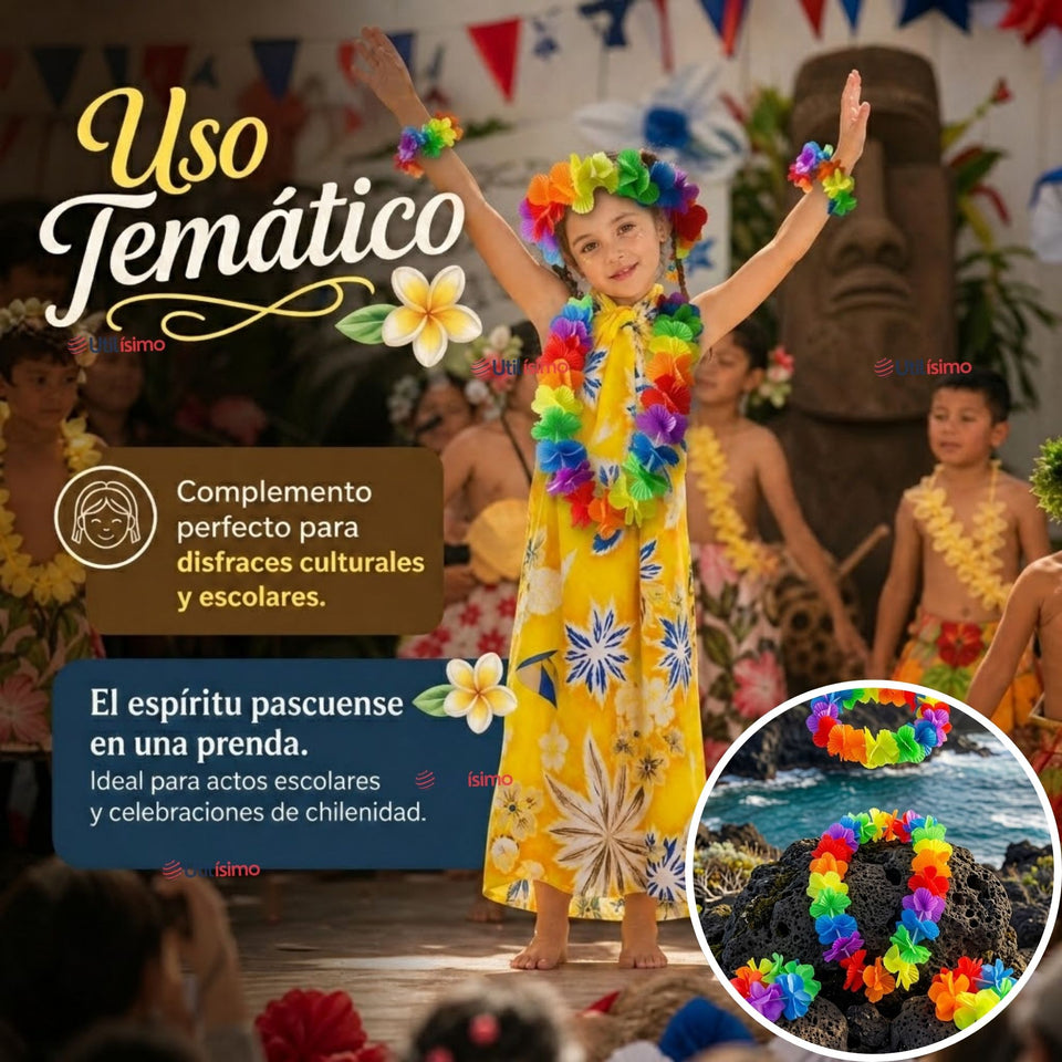 Traje Páscuense Pareo Hawaiano Amarillo Niña Con Accesorios