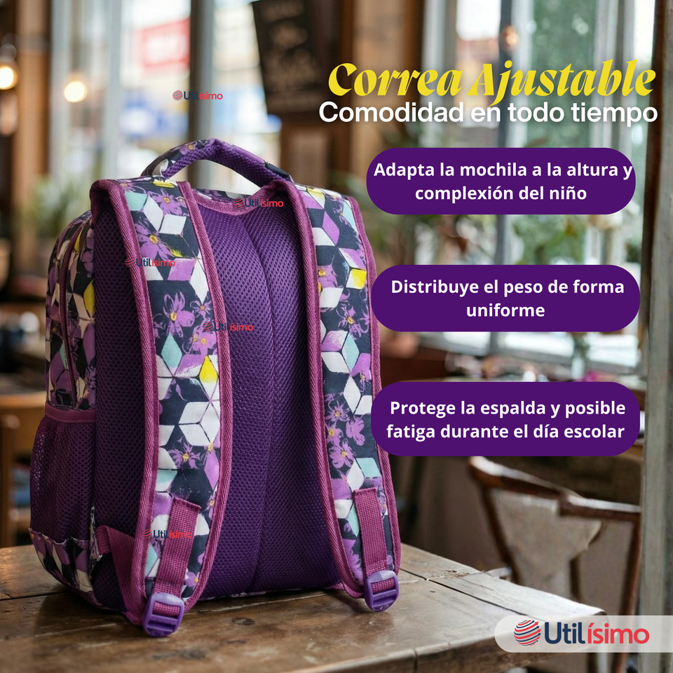 Mochila Escolar Bolso Con Estuche 43Cm Tela Oxford Niña Beautiful Flowers