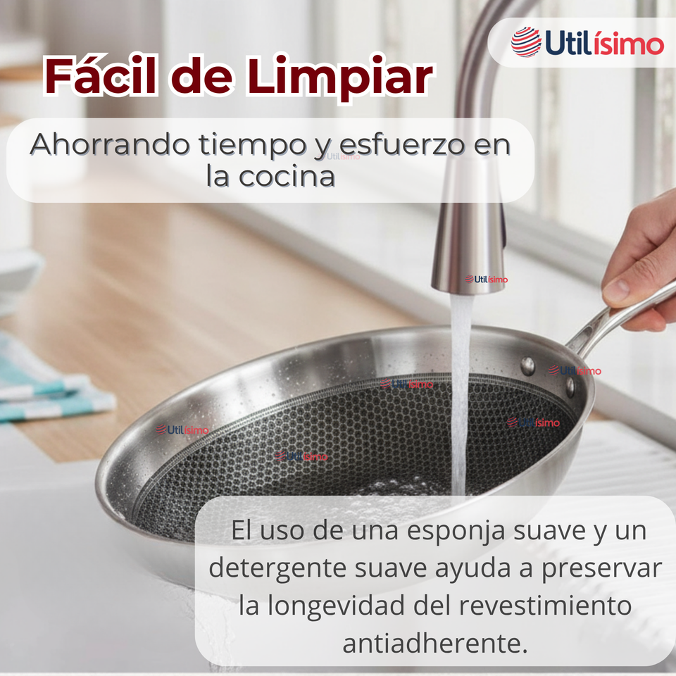 Sartén Acero Inoxidable Antiadherente 24cm +Cuchara de Madera de Bambú