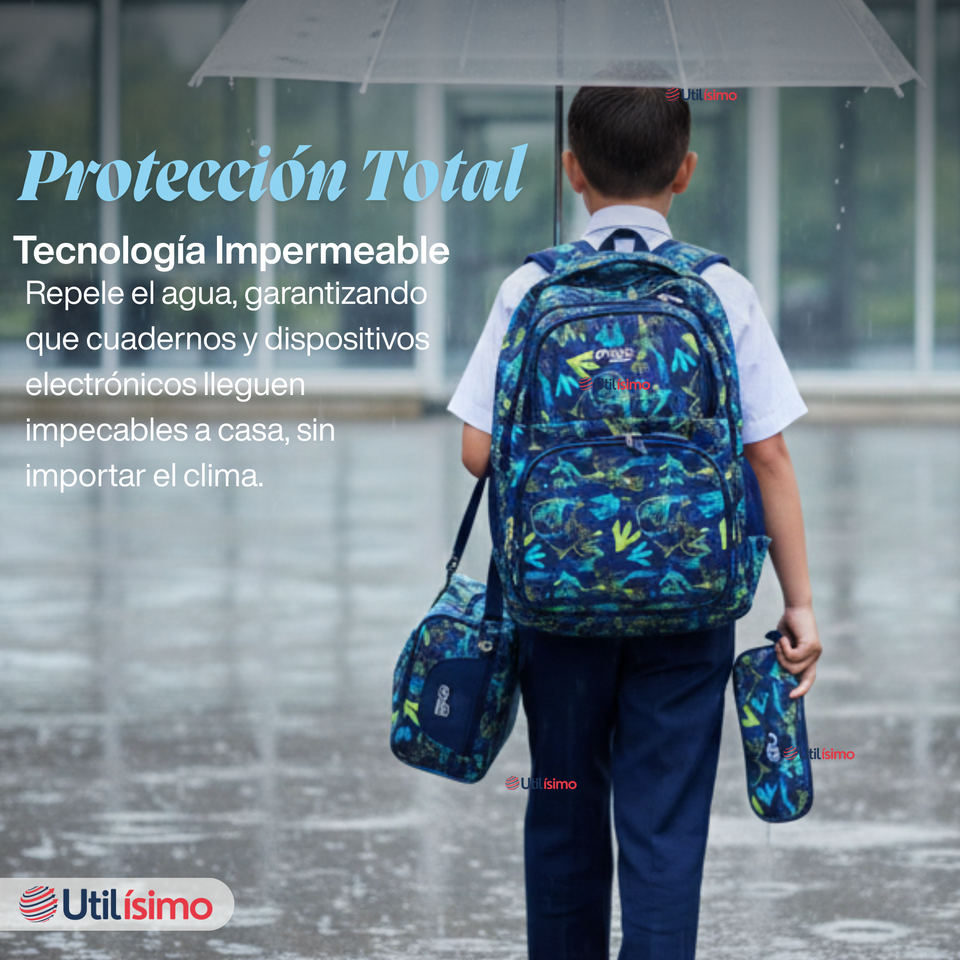 Mochila Bolso Escolar + Lonchera + Estuche 45Cm Niño Tela Oxford Blue Dinosaur