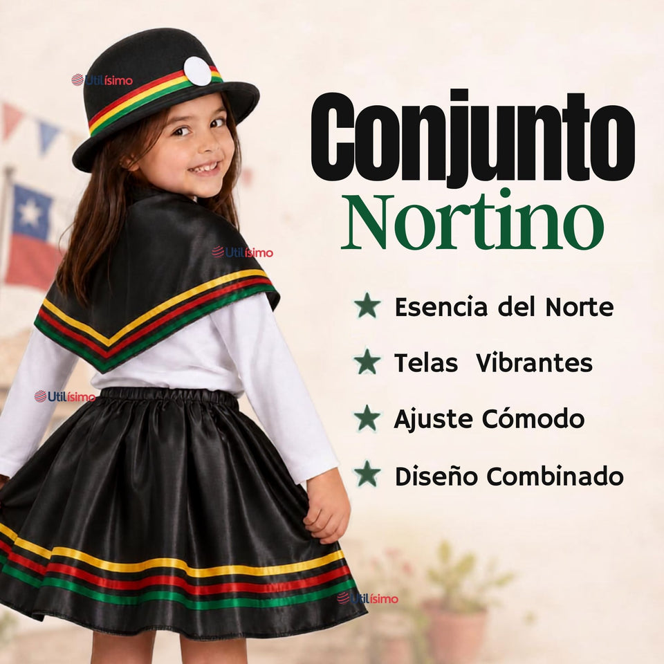 Traje Nortino Niña 3 piezas Negro Baile Típico Fiestas Patrias