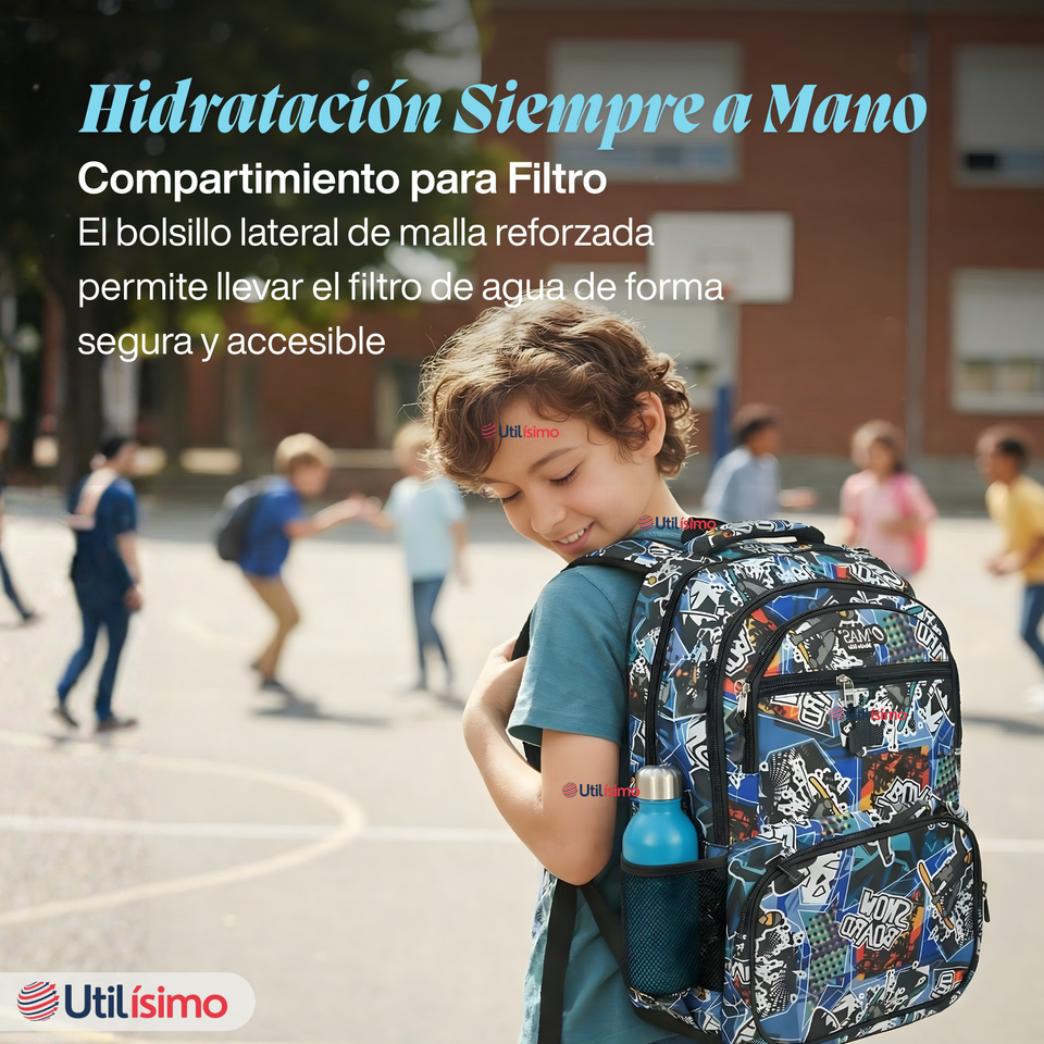 Mochila Escolar Bolso Con Estuche + Lonchera 45Cm Tela Oxford Niño Snowboard