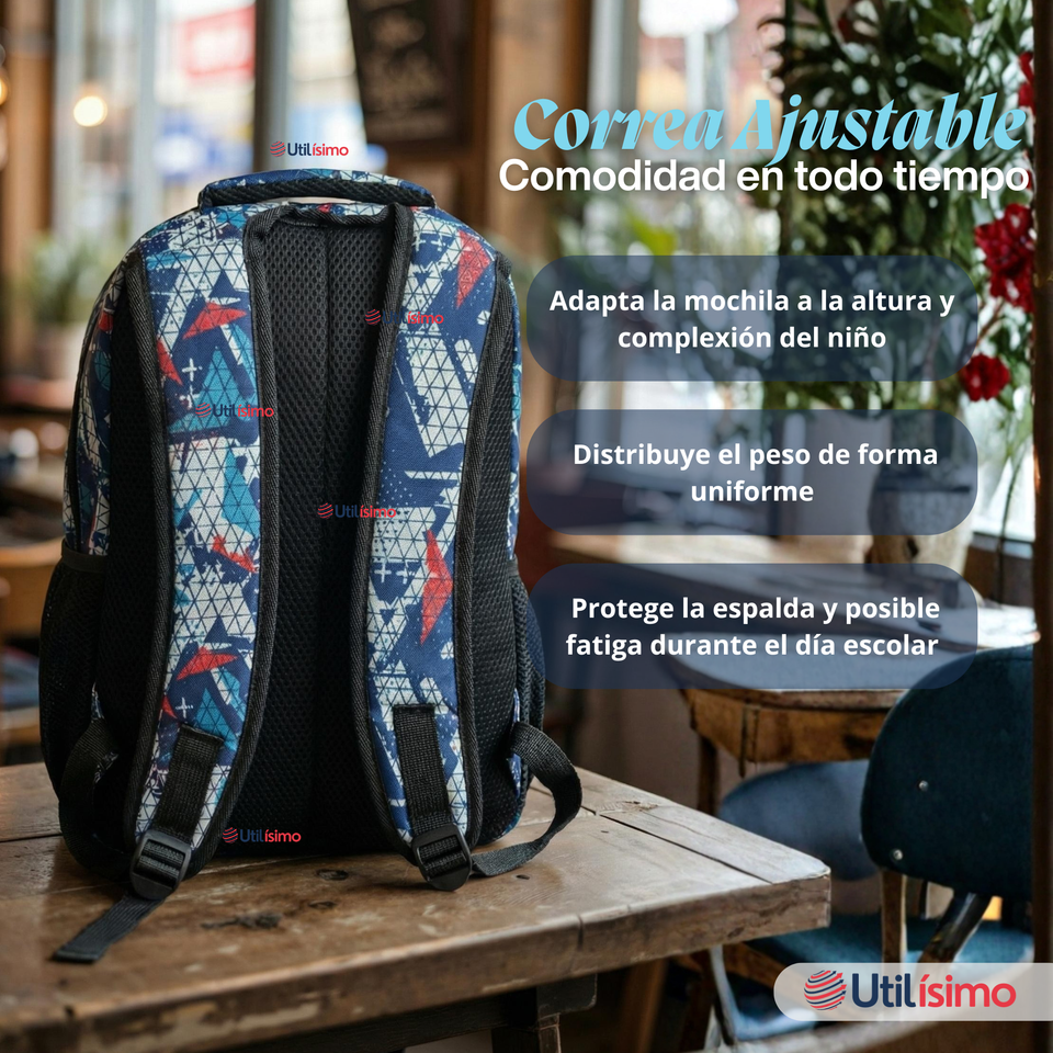 Mochila Escolar Bolso Con Estuche 43Cm Tela Oxford Niño Design Geometric