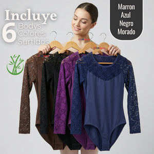 Pack 6 Body Manga Larga Con Encaje Bambú Mujer Colores Surtidos