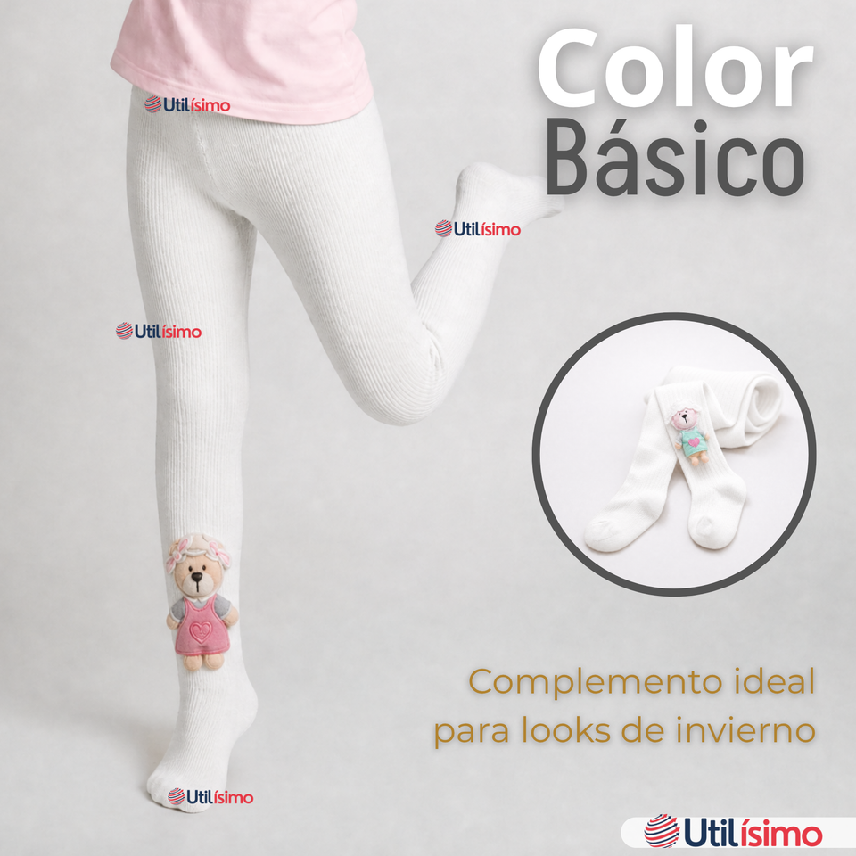 Panty 3D Osito Blanco Tejida Niña Ballerina 78% Algodón Premium
