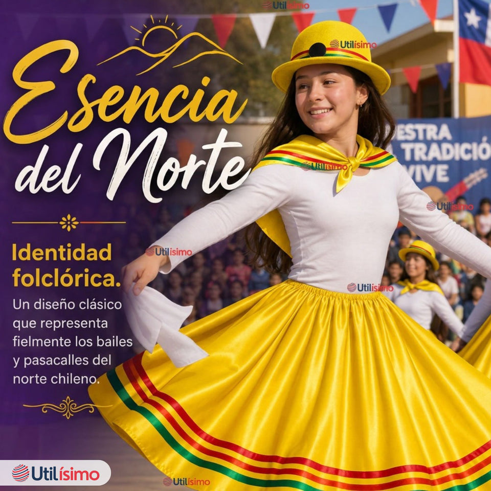 Pack 3 Trajes Nortinos Juvenil Con Poleras 4 Piezas Amarillo Baile Típico Fiestas Patrias