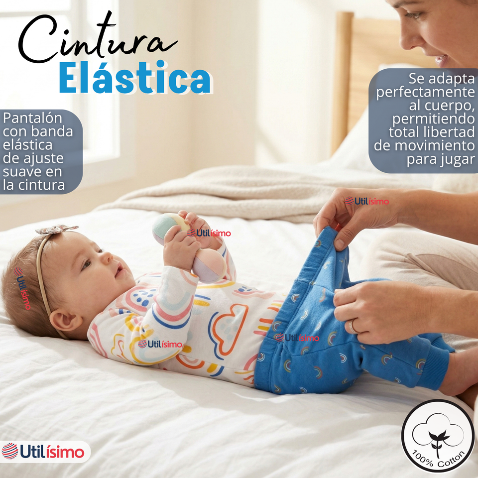 Conjunto 3 Piezas Buzo Pantalón Polerón Body De Algodón Azul Arcoiris Bebé Niña