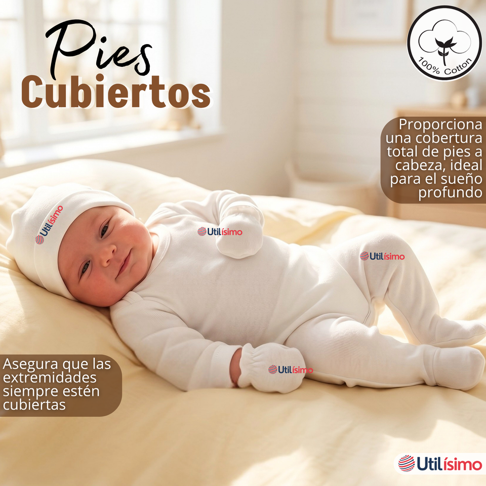 Conjunto Set 5 Piezas Body Camiseta Panty Gorro Manoplas Algodón Blanco Bebé Unisex