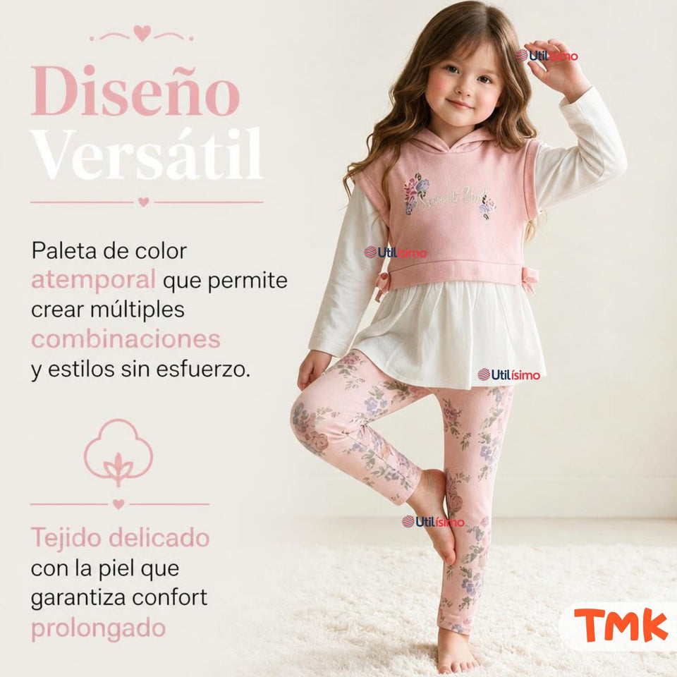 Conjunto 2 Piezas Polerón con Capucha y Pantalón 100% Algodón Niña Tedmimak Sweet flowers