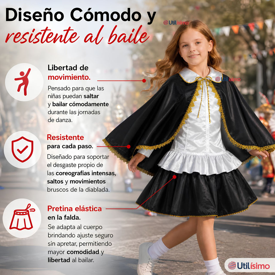 Traje Tirana Diablada Negro 3 Piezas Niña Baile Típico Fiestas Patrias
