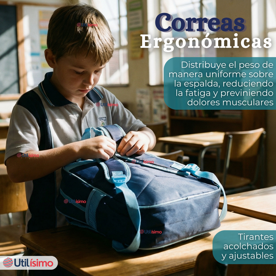 Mochila Escolar + Estuche + Lonchera 40cm Tela Oxford Azul Dinosaurio 3D Niño