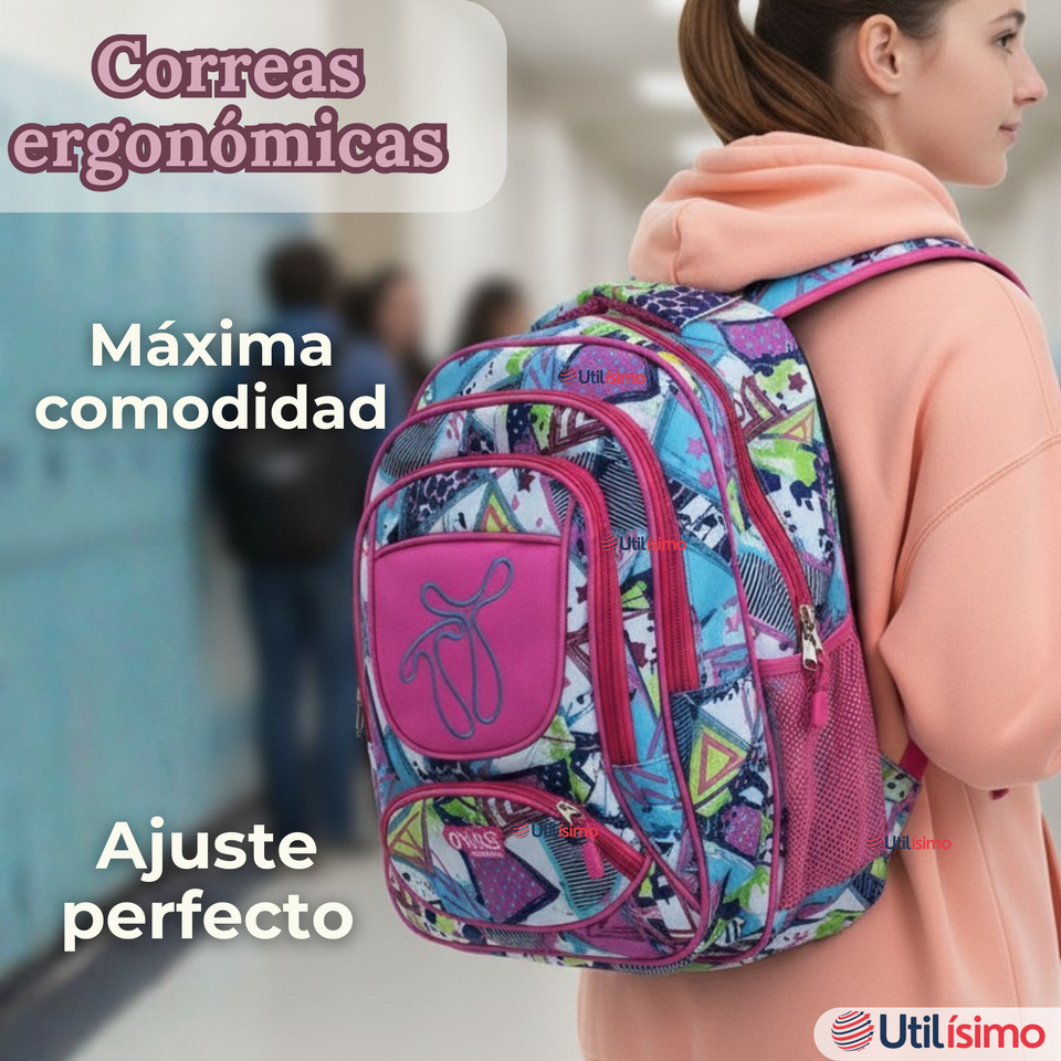 Mochila Escolar Con Estuche 43cm Tela Oxford Impermeable Niña