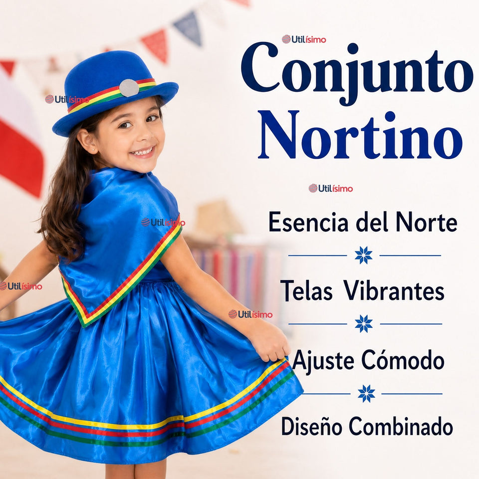 Traje Nortino Con Sombrero Niña Baile Típico 3 Piezas Fiestas Patrías Blue Beauty