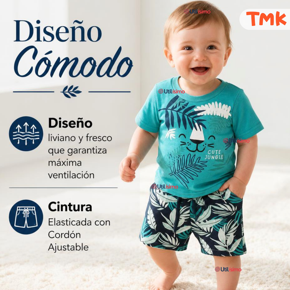 Conjunto 2 Piezas Camiseta y Short 100% Algodón Bebé Niño Tropical Blue