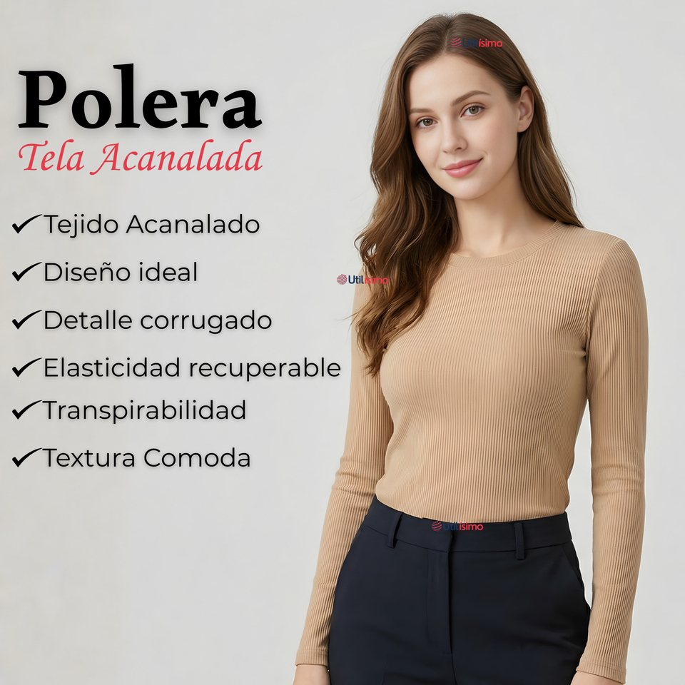 Pack 3 Camisetas Polar Polera Cuello Redondo Mujer Manga Larga Tela Acanalada Colores Surtidos