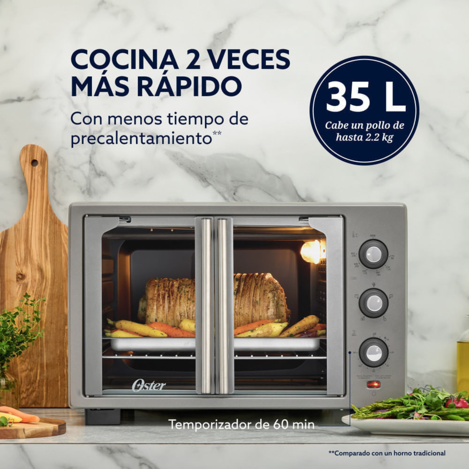Horno con freidora de aire Oster® de 35 litros, puertas francesas, TSSTTV35FDMAFNS