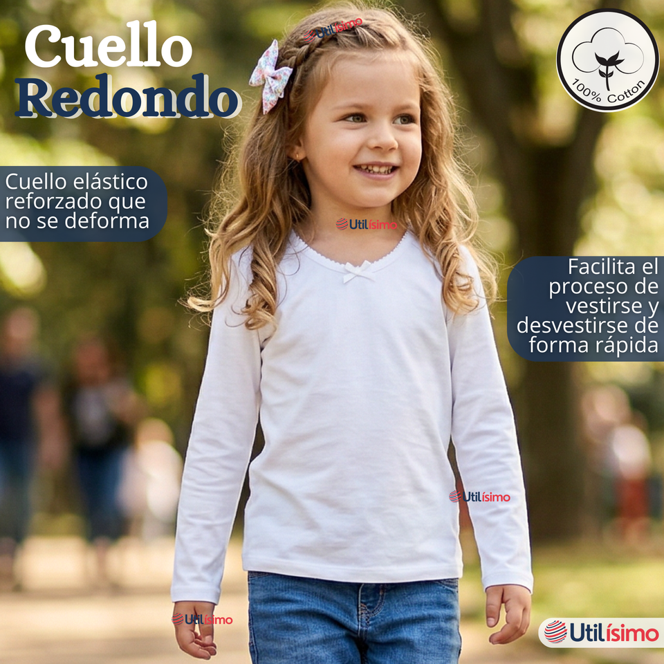 Pack 3 Camisetas Poleras Algodón Cuello Redondo Blanca Primera Capa Manga Larga Niña