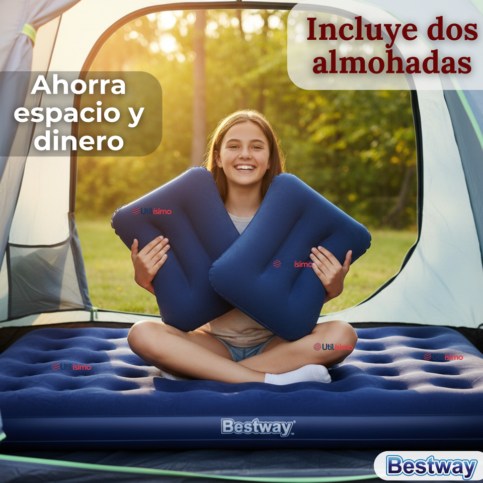 Colchón Inflable 2 Plazas Camping Más Inflador Y Dos Almohadas Bestway