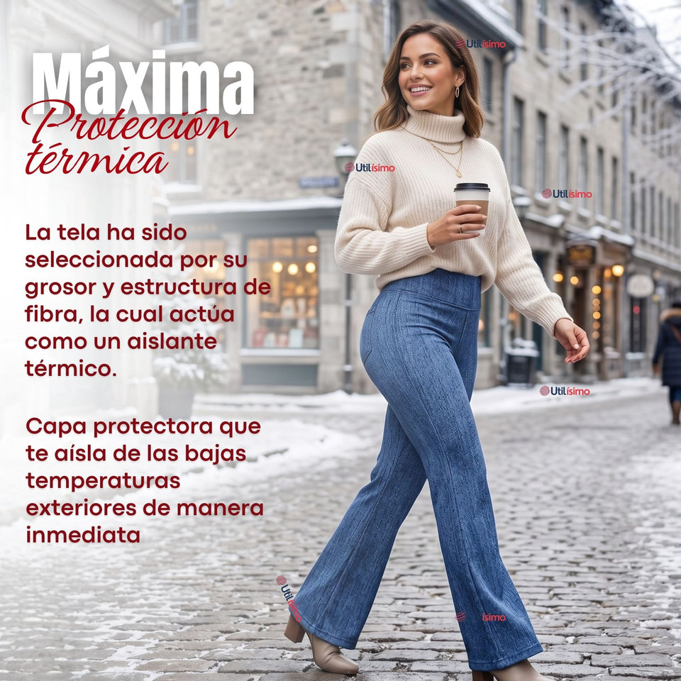 Calza Polar Con Chiporro Palazzo Mujer Elasticada Térmica Azul Jeans