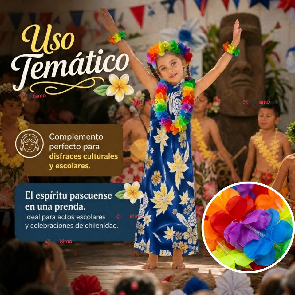 Pack 3 Trajes Páscuense Pareo Hawaiano Azul Niña Con Accesorios