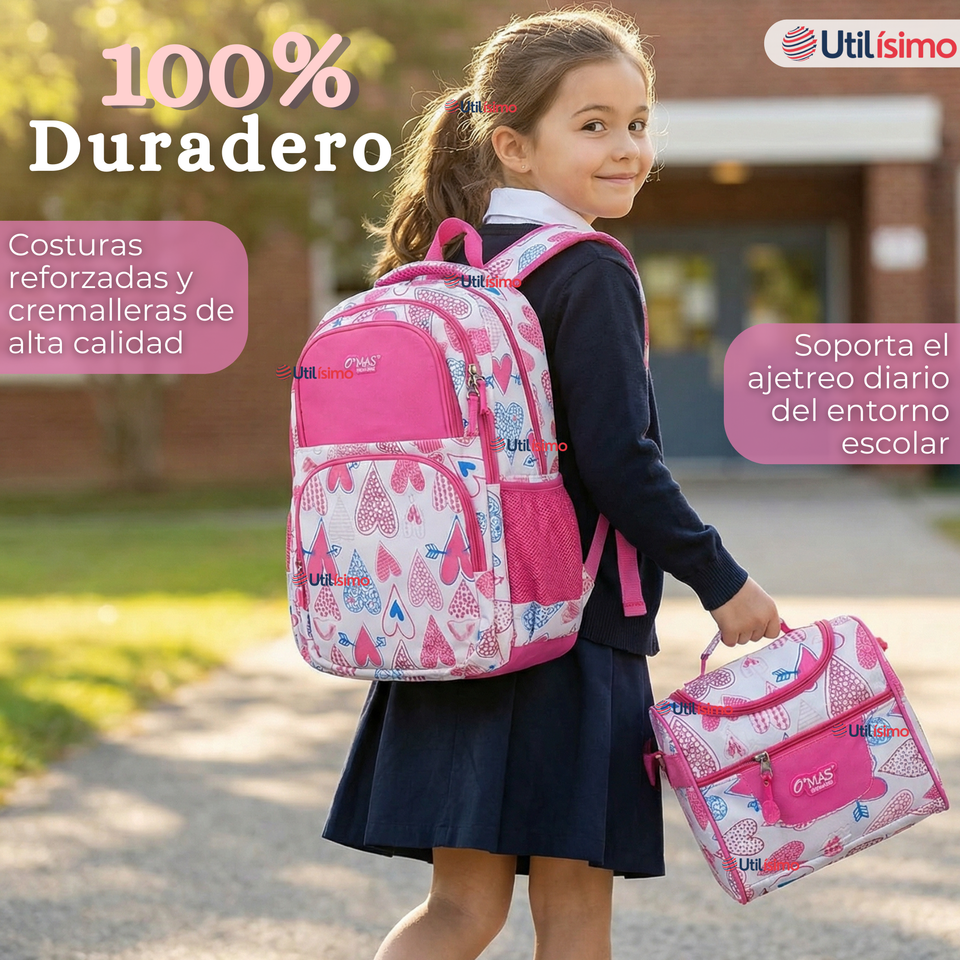 Mochila Escolar + Estuche + Lonchera 43cm Tela Oxford Rosa Corazones Niña