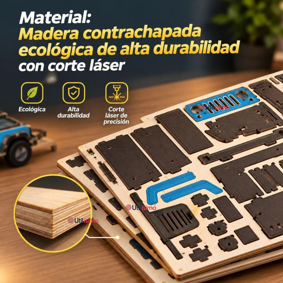 Puzzle 3D Jeep 4x4 Azul de Madera 132 Piezas Juguete Armable