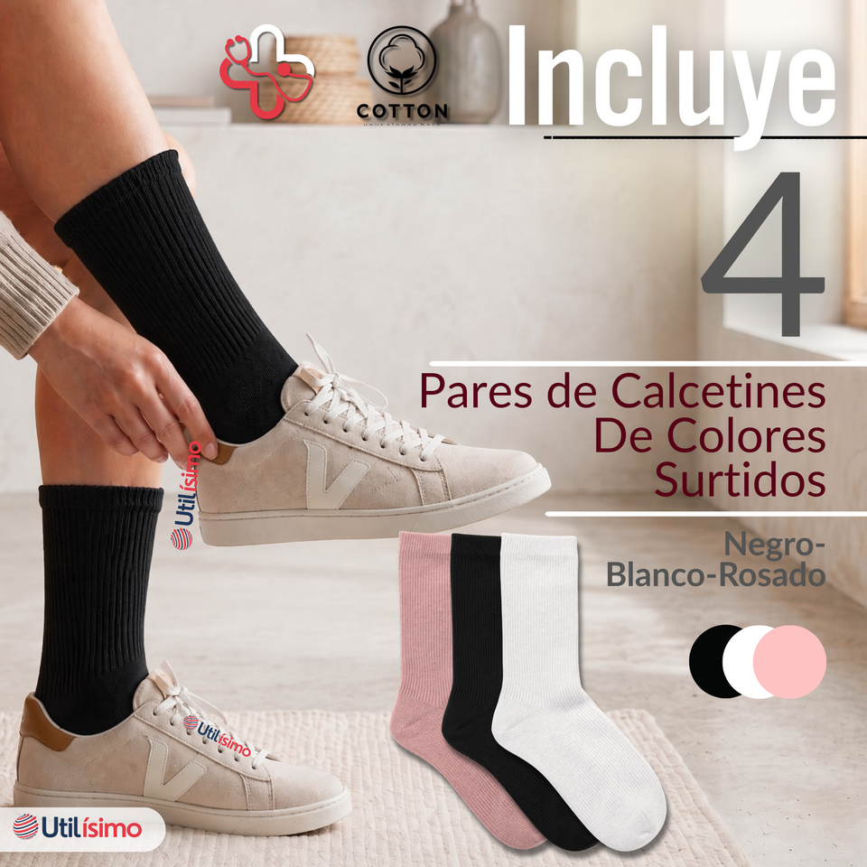 Pack 4 Pares Calcetines Diabéticos Mujer Algodón Suave Colores Surtidos Protección