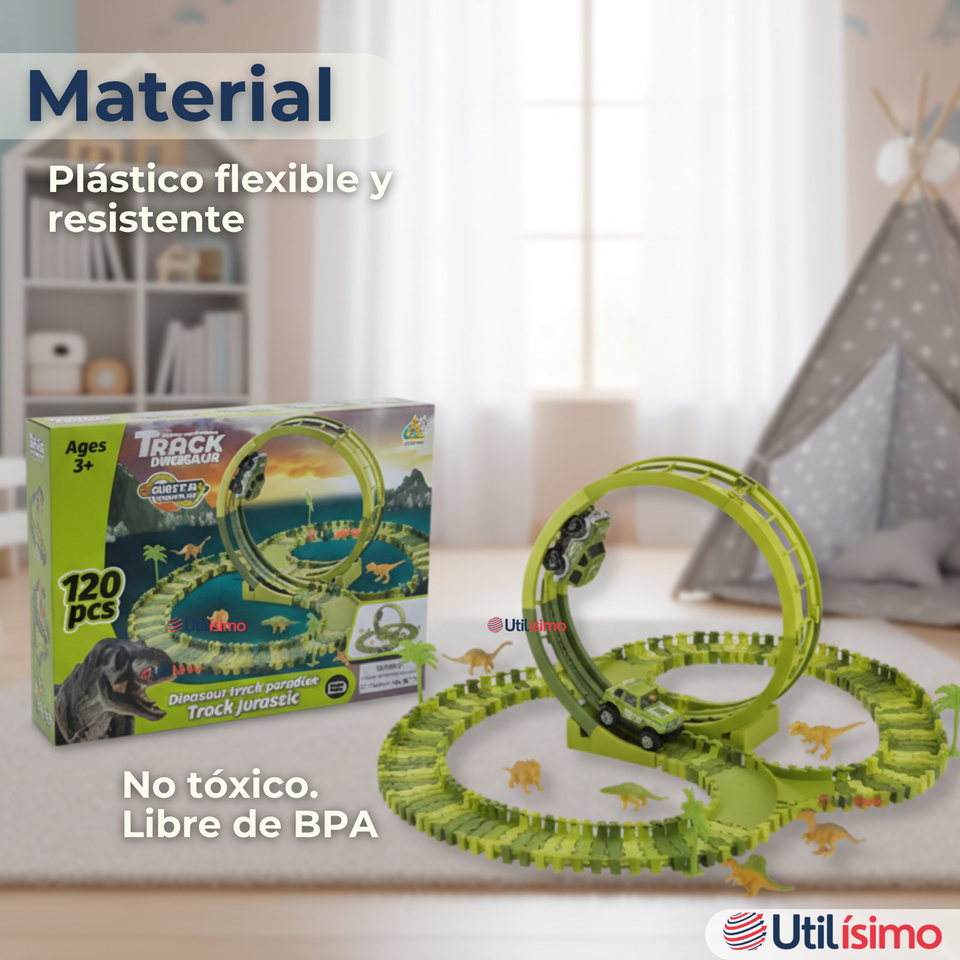 Pista Carreras de Auto Juguete Flexible Dinosaurio 120 Piezas