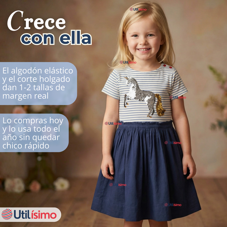 Vestido Manga Corta Casual Azul Unicornio Lentejuela Verano Niña 2 a 7 años