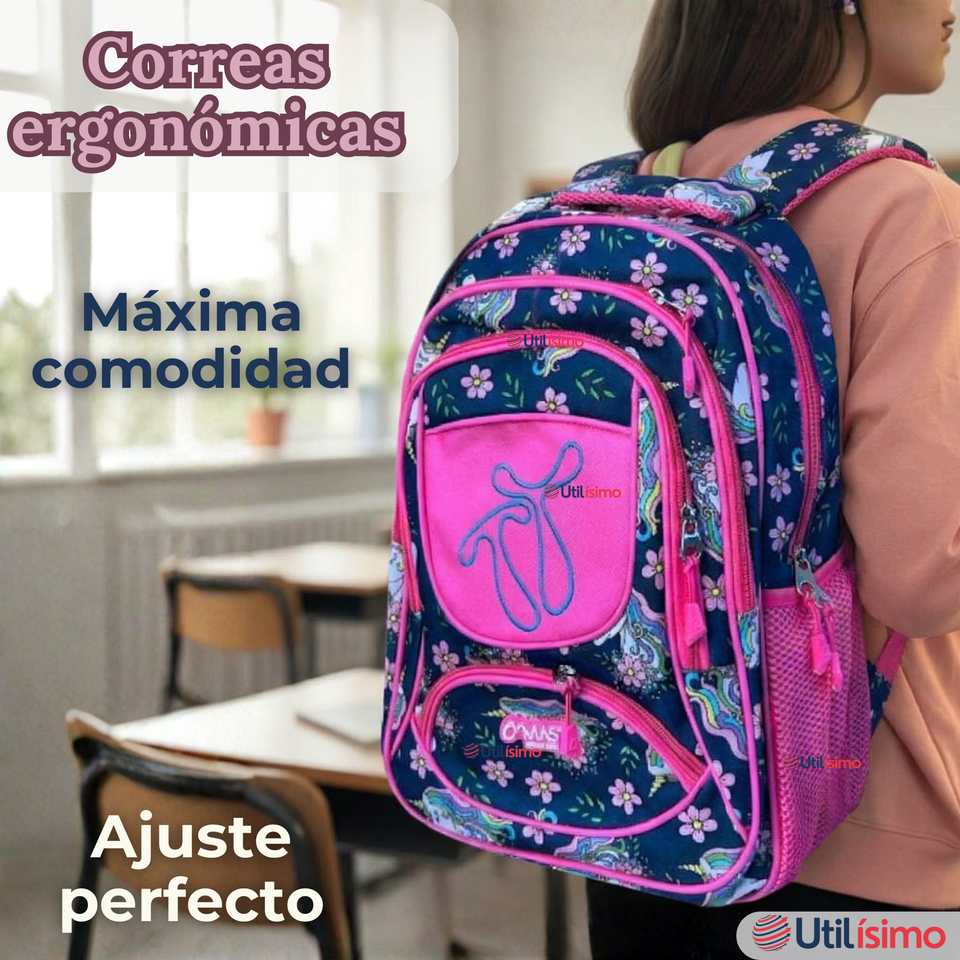 Mochila Escolar Con Estuche 43cm Tela Oxford Impermeable Niña