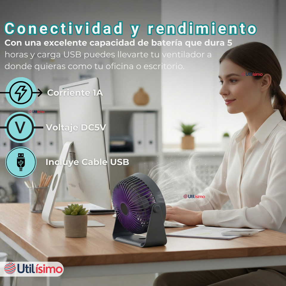 Mini Ventilador De Mesa Gris Silencioso Portátil Recargable USB