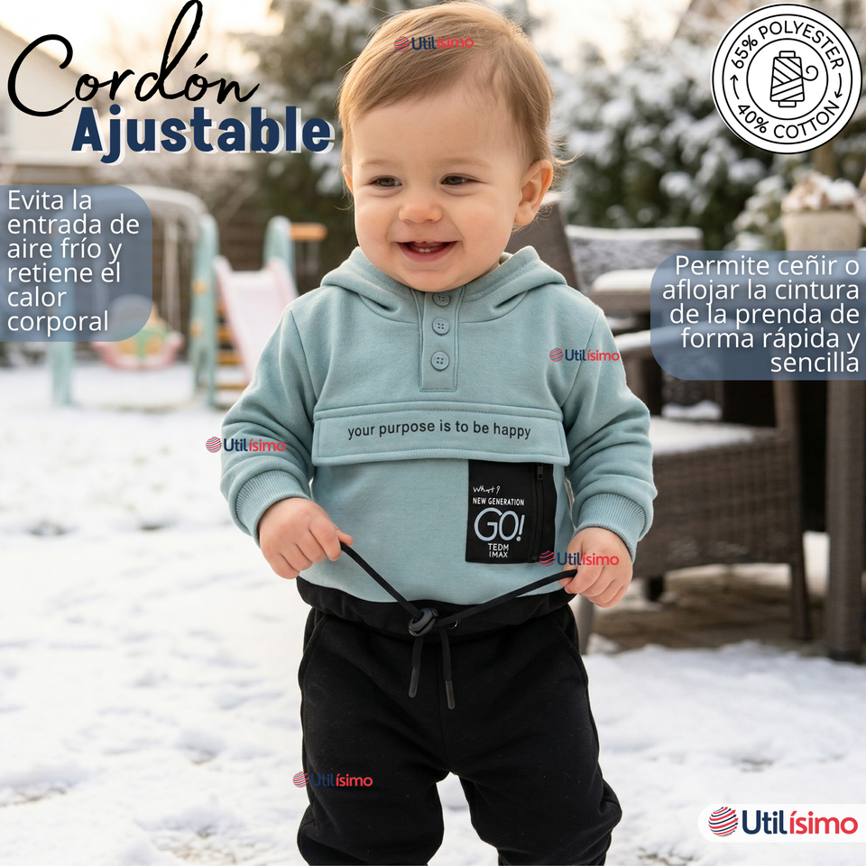 Conjunto 2 Piezas Buzo Pantalón Y Polerón Con Capucha Azul Bebé Niño