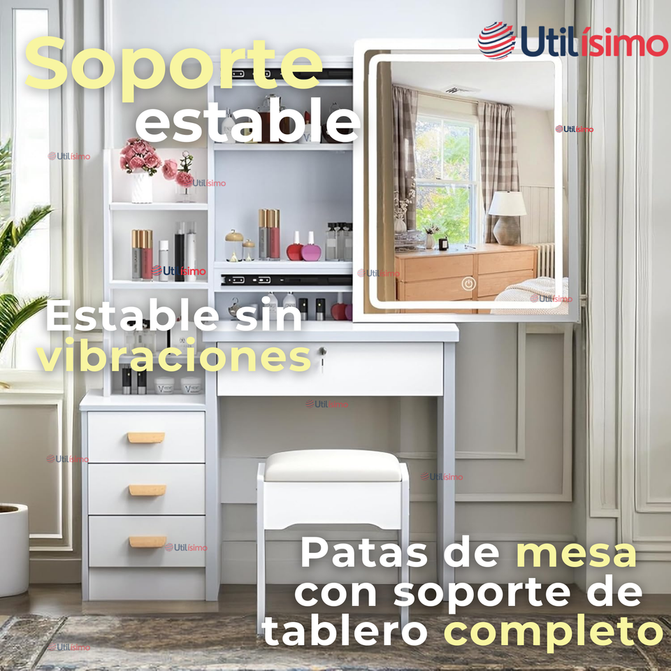 Tocador Y Taburete De Lujo Espejo Ajustable Con Luz Integrada 4 Cajones MDF Blanco 80x40x135cm
