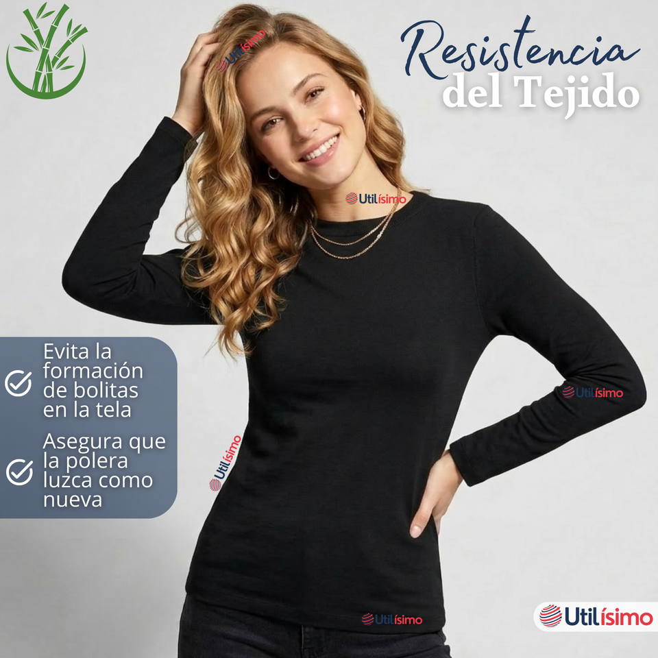 Pack 6 Camisetas Poleras Bambú Primera Capa Negro Manga Larga Mujer