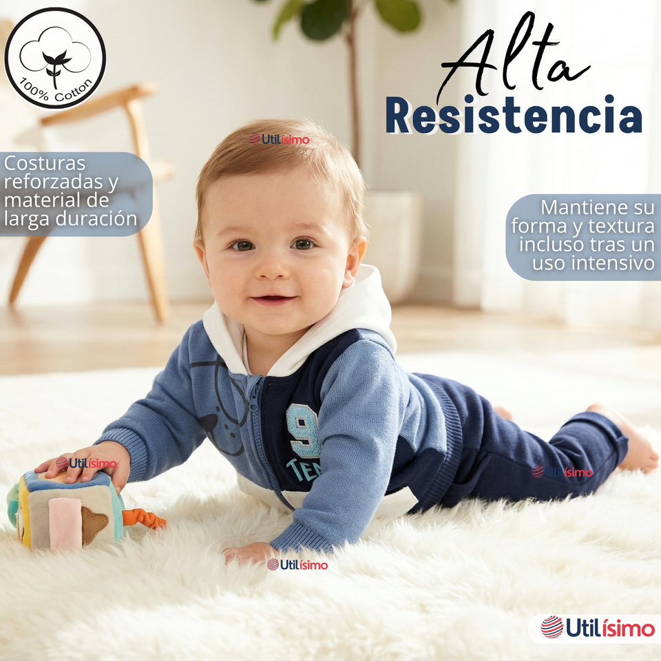 Conjunto 2 Piezas Buzo Pantalón Y Polerón Con Capucha De Algodón Azul Bebé Niño