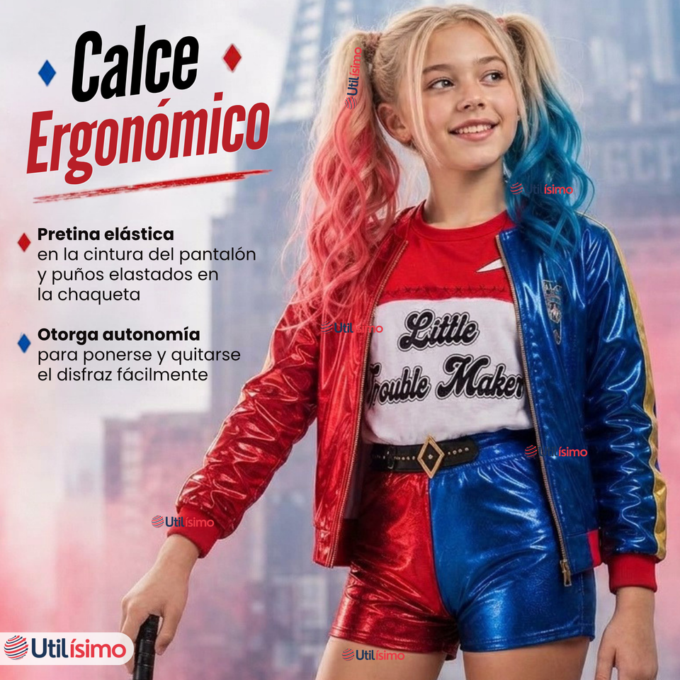 Disfraz Harley Quinn Azul y Rojo Metalizado Cosplay Juvenil