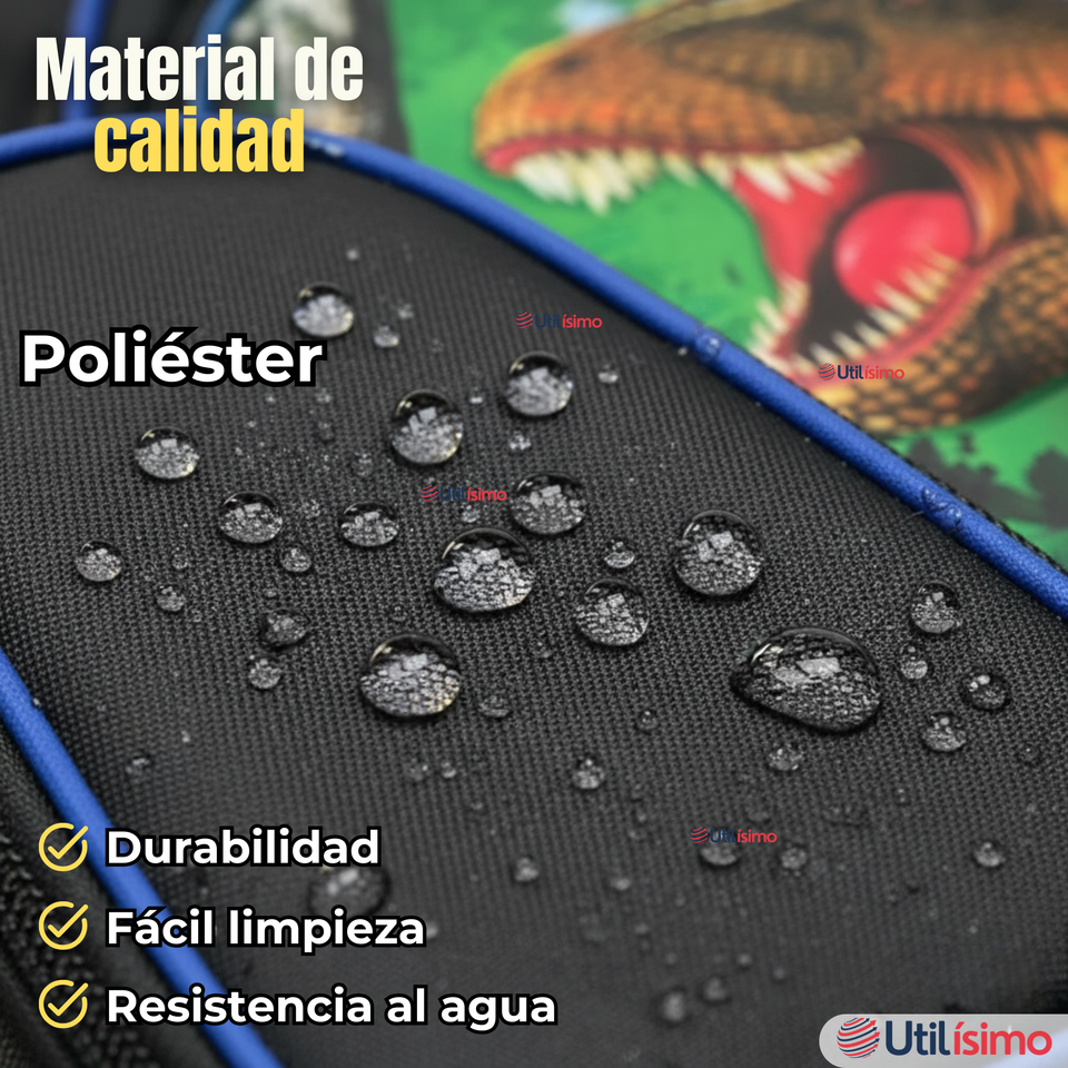 Mochila Escolar Con Ruedas + Estuche + Lonchera Poliéster Dinosaurio Niño