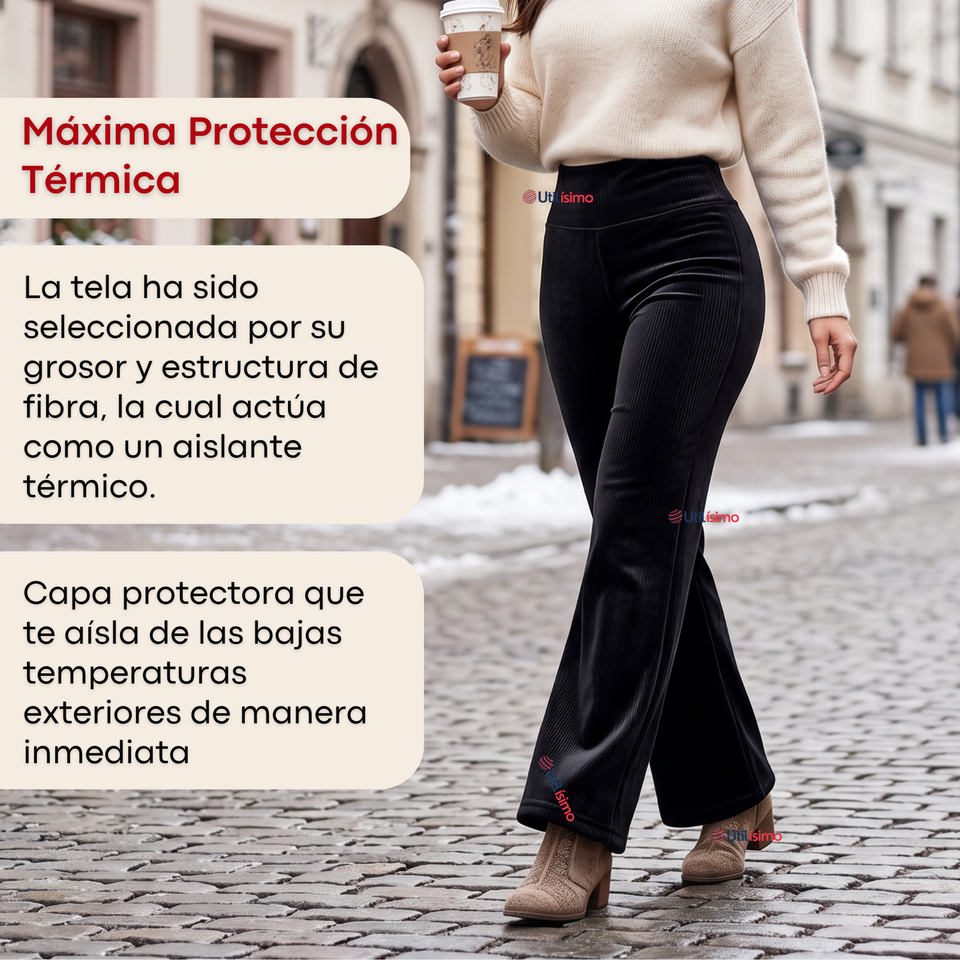 Pantalón Cotelé Palazzo Polar Con Chiporro Elasticado Térmico Negro