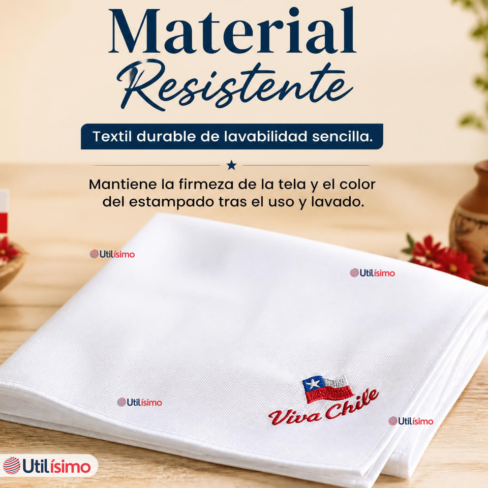 Pañuelo Baile Cueca 36cm Bordado Bandera de Chile Algodón Fiestas Patrias