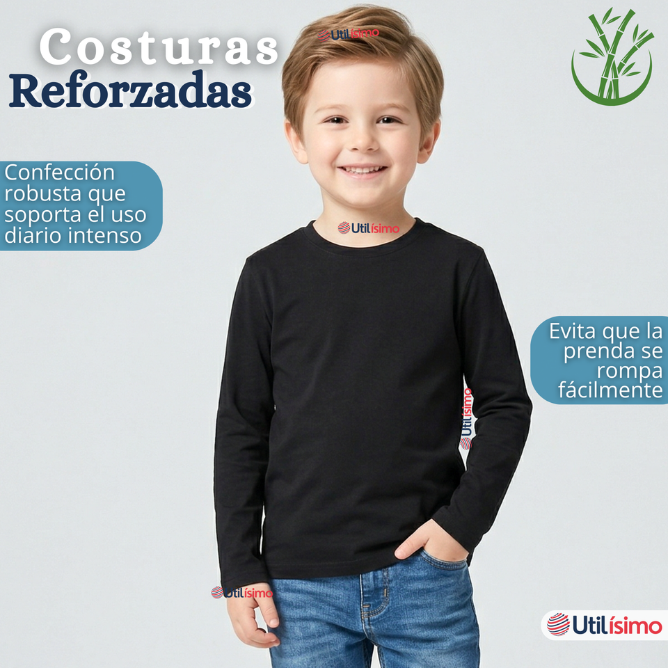 Pack 3 Poleras Camisetas Bambú Negra Cuello Redondo Primera Capa Manga Larga Niño
