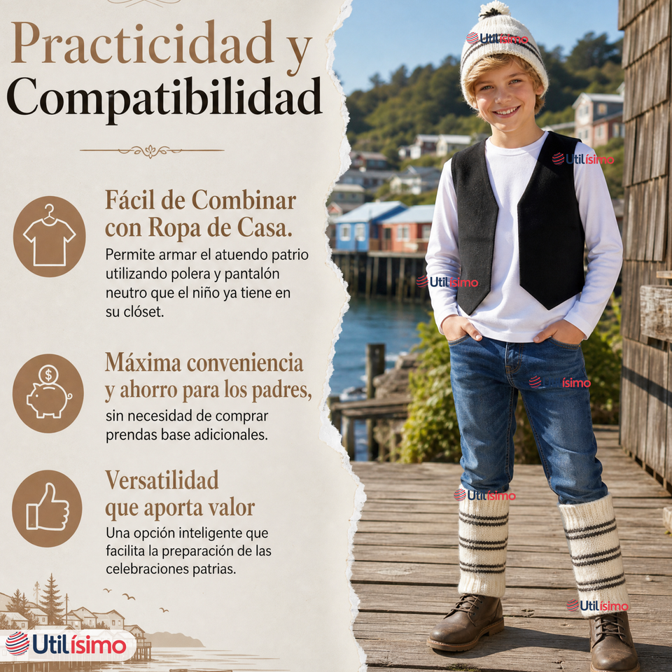 Vestimenta Chilote 3 Piezas Chaleco Gorro Polainas Niño Fiestas Patrias