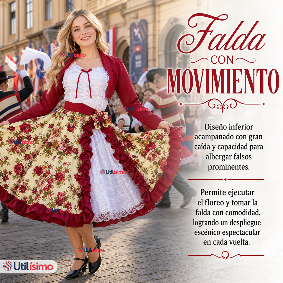 Vestido Chinita Huasa Mujer 2 Piezas Burdeo Floreado Cueca Fiestas Patrias